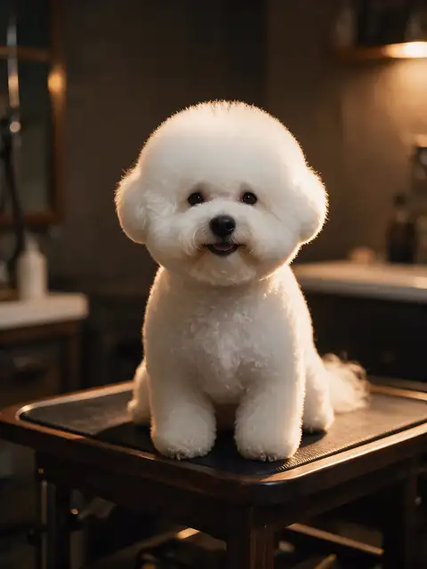 比熊犬美容后温暖灯光下的肖像