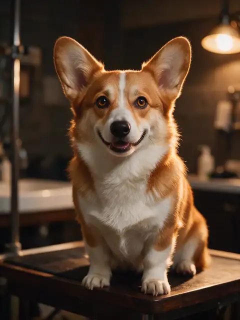 柯基犬美容后温暖灯光下的肖像