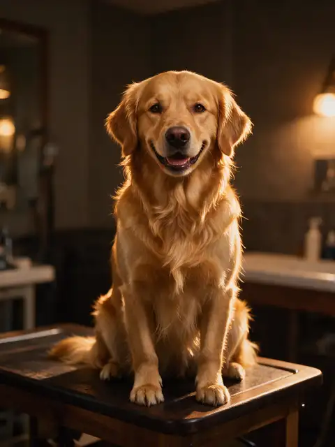 金毛犬美容后温暖灯光下的肖像