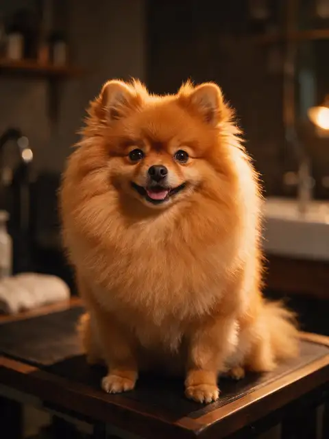 博美犬美容后温暖灯光下的肖像