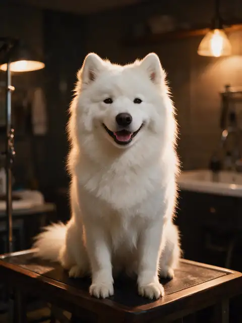 萨摩耶犬美容后温暖灯光下的肖像