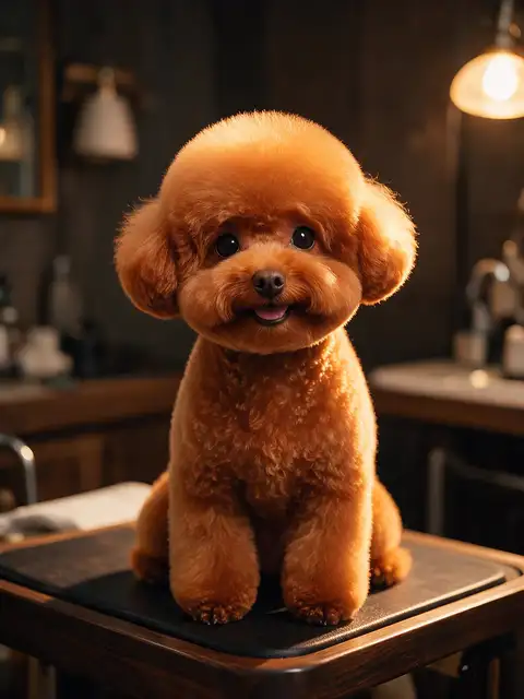 泰迪犬美容后温暖灯光下的肖像