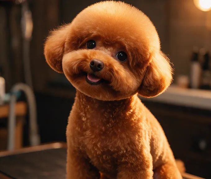 温暖灯光下刚做完美容的泰迪犬